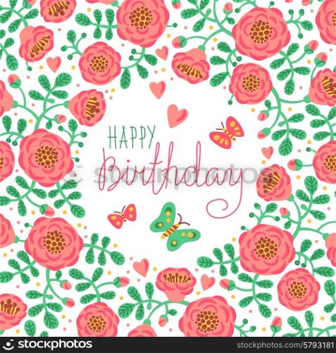 Vintage card Happy Birthday with cute flowers and butterflies. Vector illustration.. Vintage card Happy Birthday with cute flowers and butterflies.