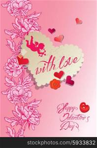 Vintage card, heart is made of old paper peace with handwritten calligraphic text - with love, on floral pink background. Happy Valentines Day card.