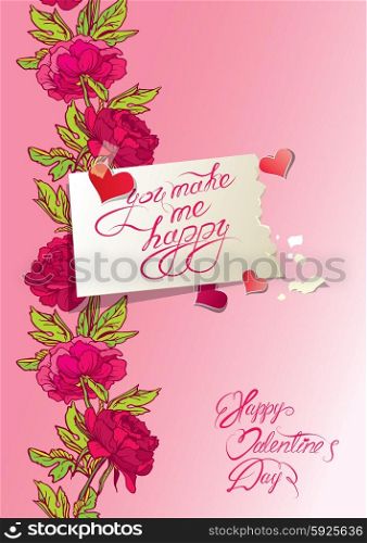 Vintage card, hearts and old paper peace with handwritten calligraphic text - you make me happy, on floral pink background. Happy Valentines Day card with love.