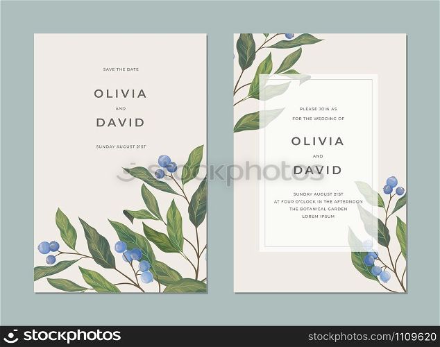 Vintage card with blue berries, green leaves, and a place for text for cover design. Greetings, holiday, wedding vector card template. Poster, card design, brochure, cover template.