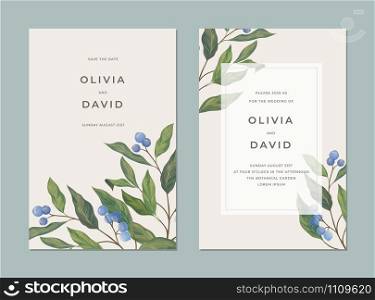 Vintage card with blue berries, green leaves, and a place for text for cover design. Greetings, holiday, wedding vector card template. Poster, card design, brochure, cover template.