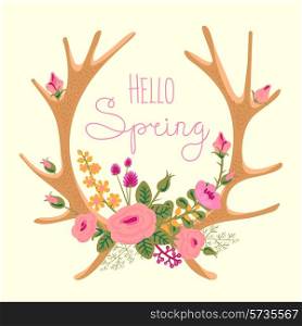Vintage card with deer antlers and flowers. Vector illustration.