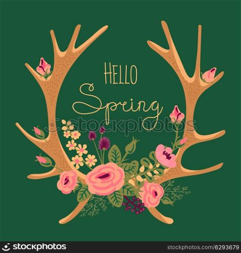 Vintage card with deer antlers and flowers. Vector illustration.