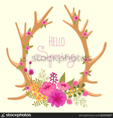 Vintage card with deer antlers and flowers. Vector illustration.