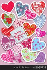 Vintage card with different colors and ornaments paper hearts - Background for Valentines Day design.