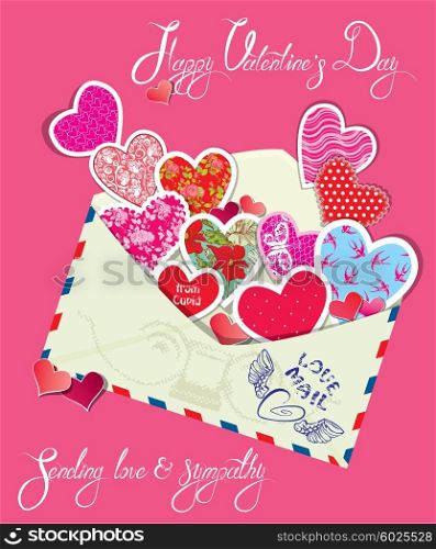Vintage card with envelope, and different colors and ornaments paper hearts - Background for Valentines Day or wedding design.