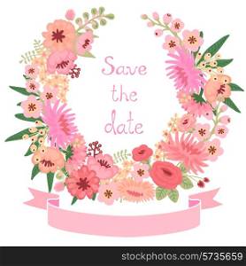 Vintage card with floral wreath. Save the date. Wedding invitation. Vector illustration.