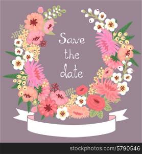 Vintage card with floral wreath. Save the date. Wedding invitation. Vector illustration.