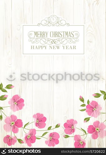 Vintage card with flowers on background and merry christmas sign. Vector illustration.