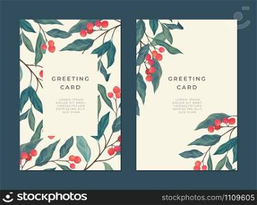 Vintage card with red berries, green leaves, and a place for text for cover design. Greetings, holiday, wedding vector card template. Poster, card design, brochure, cover template.