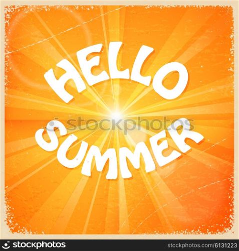 Vintage card with sunlight and yellow background. Hello summer. Vector illustration
