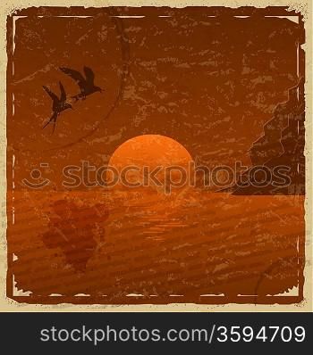 Vintage card with sunset and seagulls