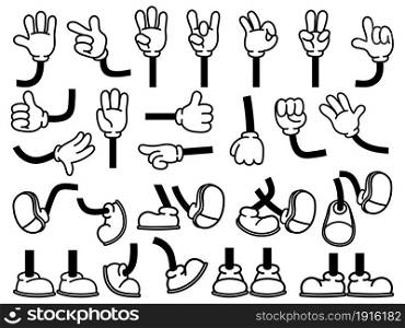 Vintage cartoon hands in gloves and feet in shoes. Cute animation character body parts. Comics arm gestures and walking leg poses vector set. Different foot movements and positions. Vintage cartoon hands in gloves and feet in shoes. Cute animation character body parts. Comics arm gestures and walking leg poses vector set