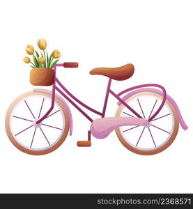 Vintage cartoon illustration with pink bicycle with basket of flowers. Retro romantic spring bloom design. Vector cartoon style hand drawn illustration.. Vintage cartoon illustration with pink bicycle with basket of flowers. Retro romantic spring bloom design. Vector cartoon style hand drawn illustration