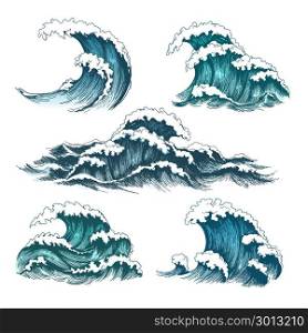 Vintage cartoon sea waves. Sea waves. Vintage cartoon ocean tidal storm waves isolated on white background for surfing and seascape, vector illustration