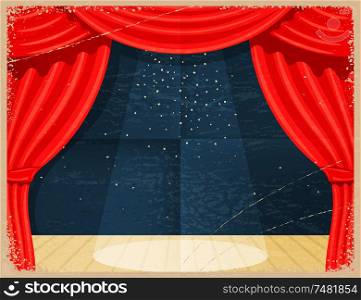 Vintage Cartoon theater. Theater curtain with spotlights beam and stars. Retro Open theater curtain. Red silk side scenes on stage. Stock vector