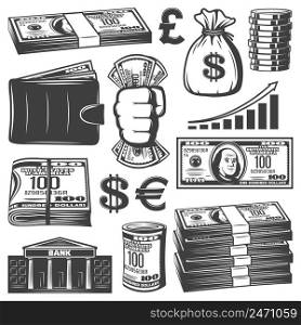 Vintage cash elements collection with money stacks bag of banknotes coins growing graph wallet bank building isolated vector illustration. Vintage Cash Elements Collection