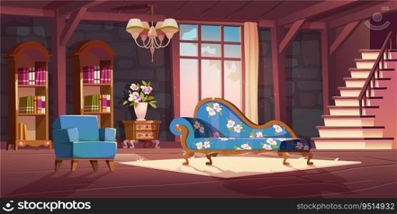 Vintage castle living room interior cartoon vector illustration. Palace hall design with cozy couch, carpet, bookshelf, flower and curtains. Sunlight in retro hotel living room with stone wall. Vintage castle living room interior cartoon vector