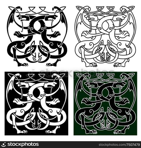 Vintage celtic decorative ornament with ancient winged dragons, for tattoo or art design. Vintage dragons celtic decorative ornament