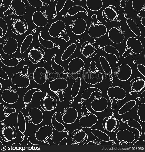 Vintage chalk contour vegetable seamless pattern. Trendy background with chalk silhouette vegetables on black chalkboard. Seamless vector illustration for wrapping paper, restaurant menu pattern. Chalk silhouette vegetables on black chalkboard