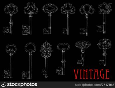 Vintage chalk sketches of ancient keys on blackboard with decorative bows, adorned by openwork flourishes. Engraving drawings of medieval skeleton keys for embellishment or tattoo design. Chalk sketches of vintage keys on blackboard