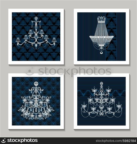 Vintage chandelier cards set with vintage interior light decoration isolated vector illustration. Vintage Chandelier Cards