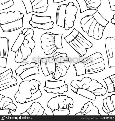 Vintage chef toques seamless background with sketch pattern of lush draped cook hats. Restaurant menu flyleaf or kitchen interior accessories design usage. Vintage seamless chef hats pattern