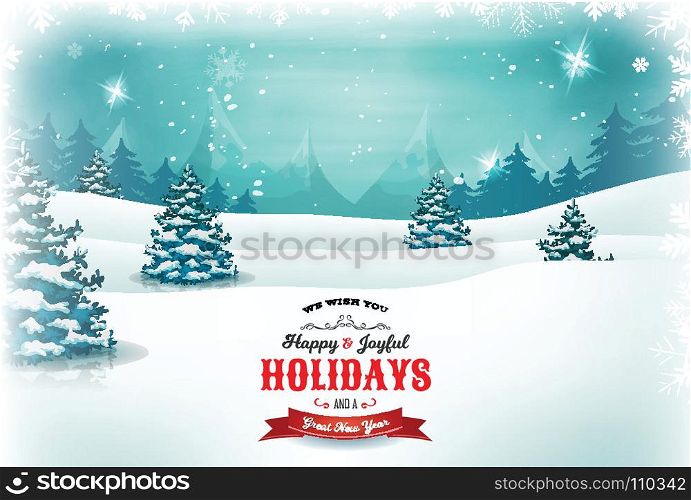 Vintage Christmas And New Year Landscape. Illustration of a retro christmas landscape background, with cloudy sky, firs, snow, mountains and elegant banners for winter and new year holidays