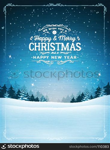 Vintage Christmas And New Year Landscape. Illustration of a retro christmas landscape background, with fabric texture, firs, snow, hand drawn banners and ornaments for winter and new year holidays