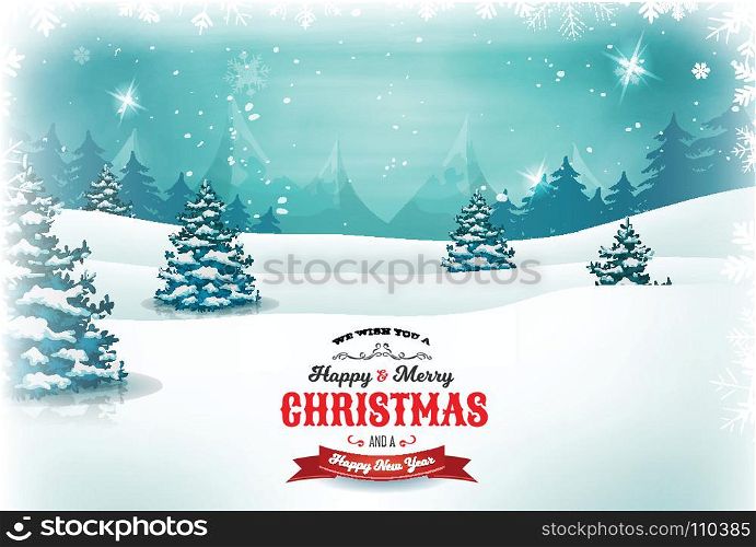 Vintage Christmas And New Year Landscape. Illustration of a retro christmas landscape background, with cloudy sky, firs, snow, mountains and elegant banners for winter and new year holidays