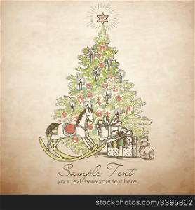 Vintage Christmas Card . Beautiful Christmas tree illustration