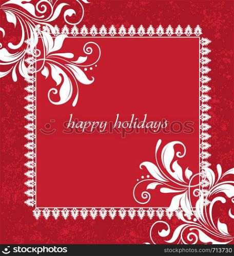 Vintage Christmas card with ornate elegant retro abstract floral design, white flowers and leaves on red background with frame border and text label. Vector illustration.