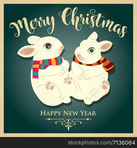 Vintage Christmas card with rabbits and message. Christmas poster. Print. Vector