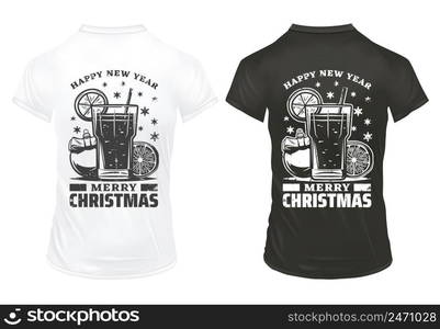 Vintage Christmas holiday prints template with inscriptions cocktail lemon slice festive ball on shirts isolated vector illustration. Vintage Christmas Holiday Prints Template