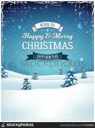 Vintage Christmas Landscape Background. Illustration of a retro christmas landscape background, with firs, snow and elegant banners for winter and new year holidays