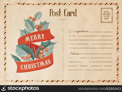 Vintage christmas mistletoe card with ribbon text. Vector illustration.