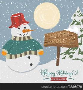 Vintage christmas poster with snowman, vector illustration