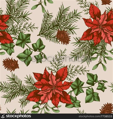 Vintage Christmas seamless pattern with evergreen plants and red poinsettia flowers. Decorative background for Christmas and new year. Hand drawn vector illustration.