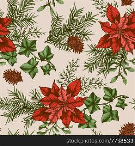 Vintage Christmas seamless pattern with evergreen plants and red poinsettia flowers. Decorative background for Christmas and new year. Hand drawn vector illustration.