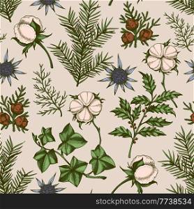 Vintage Christmas seamless pattern with evergreen plants. Decorative background for Christmas and new year. Hand drawn vector illustration.