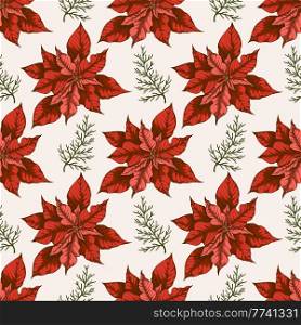 Vintage Christmas seamless pattern with red poinsettia flowers. Decorative background for Christmas and new year. Hand drawn vector illustration.