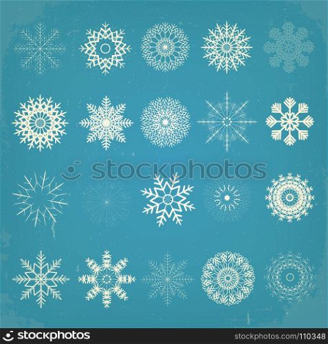 Vintage Christmas Snowflakes Set. Illustration of a set of white winter snowflakes on vintage background, for christmas and new year's eve holidays