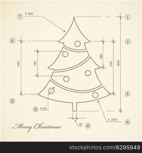 Vintage Christmas tree sketch on old paper