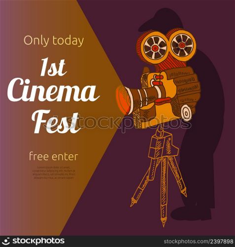 Vintage cinema 1st festival free entrance event billposter advertisement placard with old projector pictogram abstract vector illustration. Film festival advertising poster