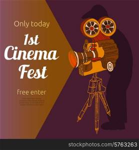 Vintage cinema 1st festival free entrance event billposter advertisement placard with old projector pictogram abstract vector illustration