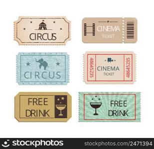 Vintage cinema circus and party tickets vector set showing perforated entry tickets with icons depicting free drink elephant and the Big Top with two Free Drink tickets for refreshments