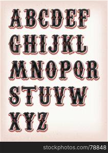 Vintage Circus And Western ABC Font. Illustration of a set of retro circus abc typefont, on vintage and grunge background