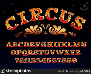 Vintage circus font. Victorian carnival headline signage. Typeface steampunk alphabet sign, antique circus poster font or carnival abc letters and numbers symbols vector illustration. Vintage circus font. Victorian carnival headline signage. Typeface steampunk alphabet sign vector illustration