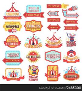 Vintage circus labels, fun entertaiment emblem collection. Vector entertainment circus emblem, retro and vintage show carnival illustration. Vintage circus labels, fun entertaiment emblem collection