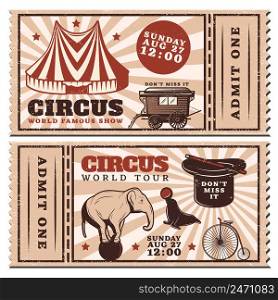 Vintage circus show advertising horizontal tickets with marquee wagon trained animals bicycle magic wand and hat vector illustration. Vintage Circus Show Advertising Horizontal Tickets